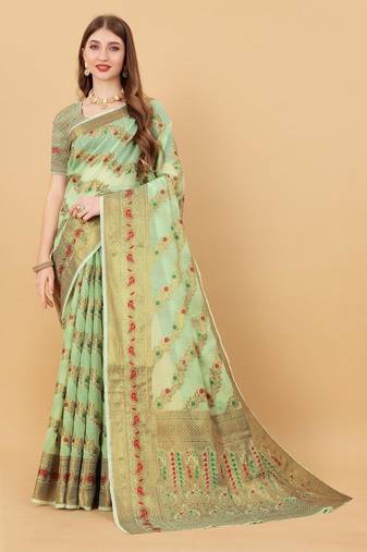 Green elegant art silk woven saree with rich zari border