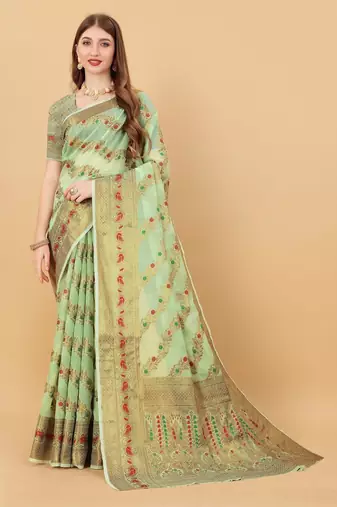 Green elegant art silk woven saree with rich zari border