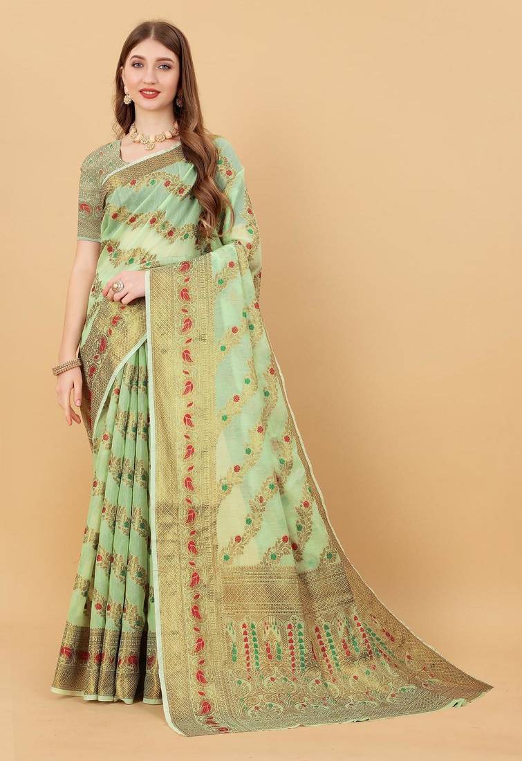Green elegant art silk woven saree with rich zari border