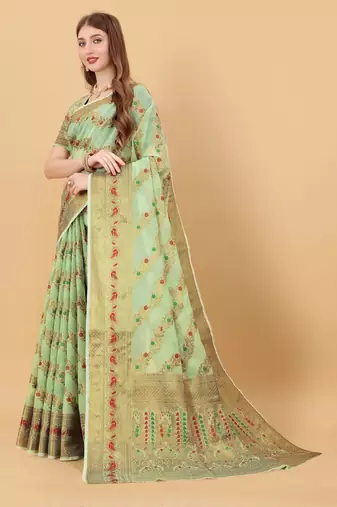 Green elegant art silk woven saree with rich zari border