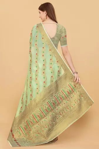 Green elegant art silk woven saree with rich zari border