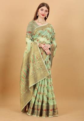 Green elegant art silk woven saree with rich zari border 4