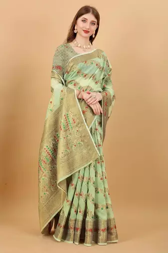 Green elegant art silk woven saree with rich zari border