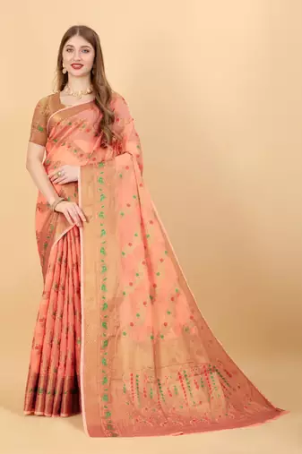 Orange elegant art silk woven saree with rich zari border