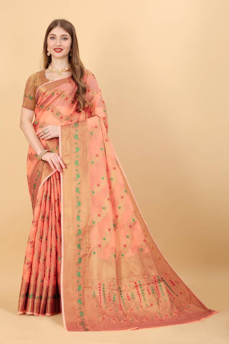 Orange elegant art silk woven saree with rich zari border