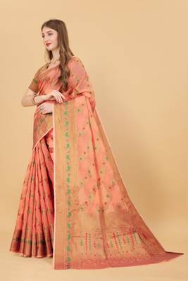 Orange elegant art silk woven saree with rich zari border 2