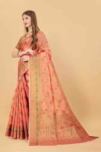 Orange elegant art silk woven saree with rich zari border