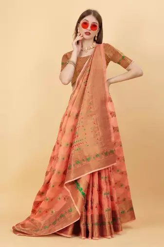 Orange elegant art silk woven saree with rich zari border