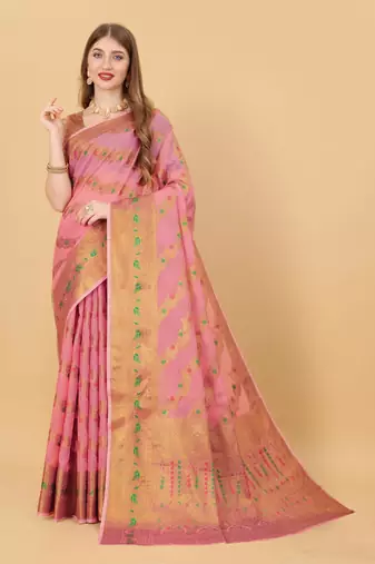 Pink elegant art silk woven saree with rich zari border