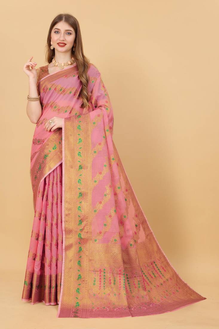 Pink elegant art silk woven saree with rich zari border