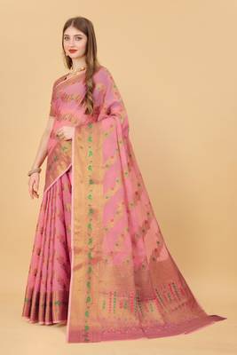Pink elegant art silk woven saree with rich zari border 2