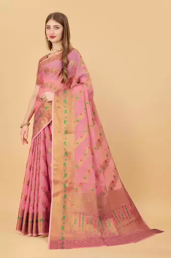 Pink elegant art silk woven saree with rich zari border