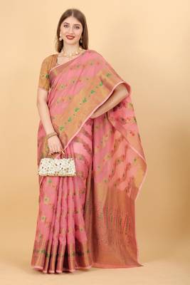 Pink elegant art silk woven saree with rich zari border 4