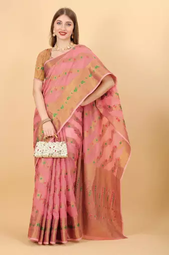 Pink elegant art silk woven saree with rich zari border