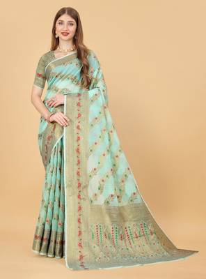 Sky blue elegant art silk woven saree with rich zari border 1