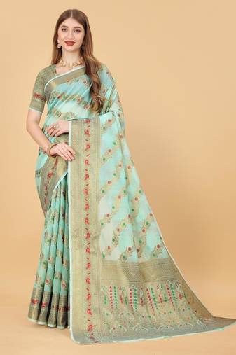 Sky blue elegant art silk woven saree with rich zari border
