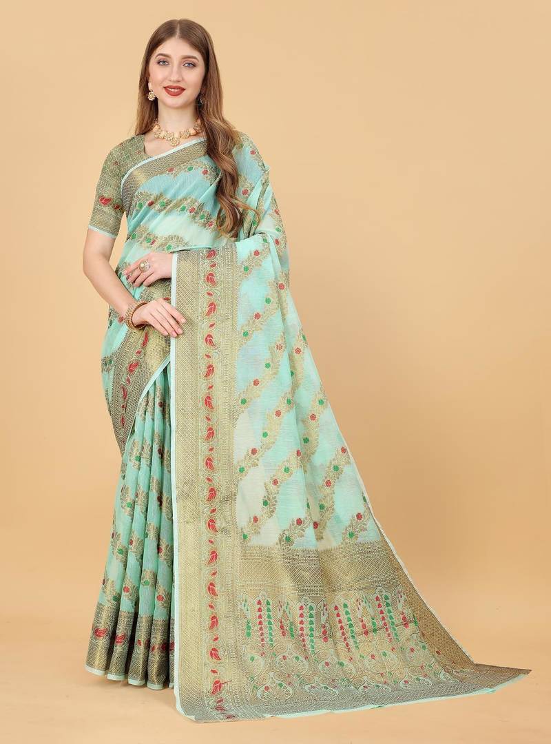 Sky blue elegant art silk woven saree with rich zari border