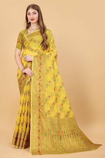 Yellow elegant art silk woven saree with rich zari border