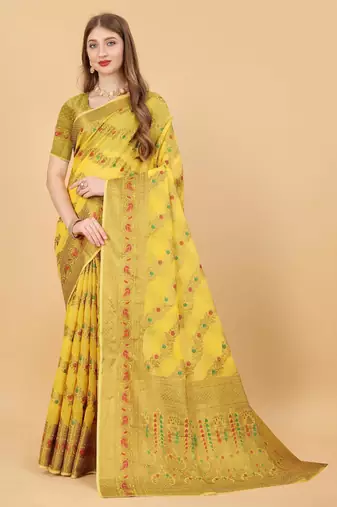 Yellow elegant art silk woven saree with rich zari border