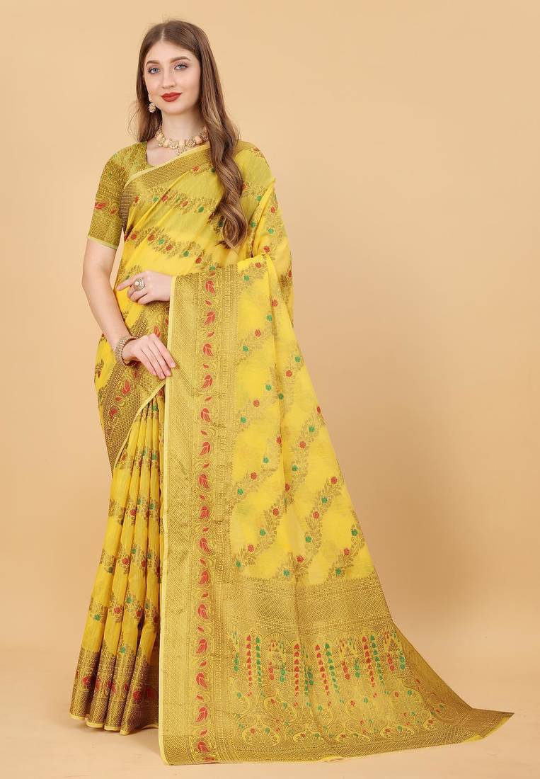 Yellow elegant art silk woven saree with rich zari border