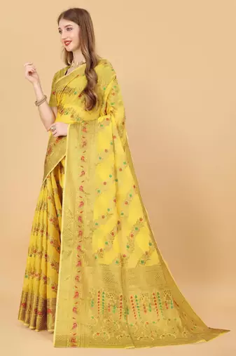Yellow elegant art silk woven saree with rich zari border