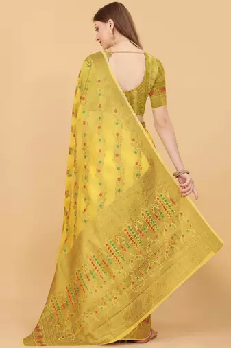 Yellow elegant art silk woven saree with rich zari border