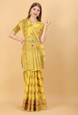 Yellow elegant art silk woven saree with rich zari border 4