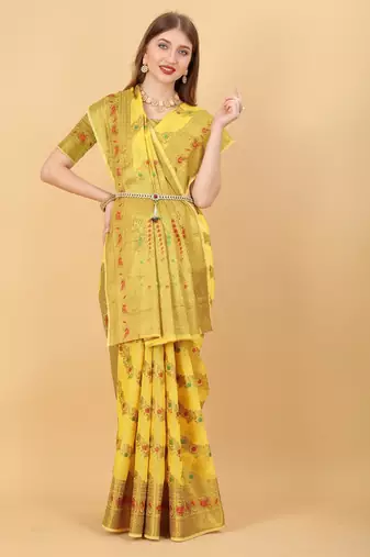 Yellow elegant art silk woven saree with rich zari border