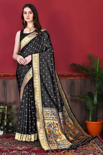 Black elegant art silk woven saree with rich zari border