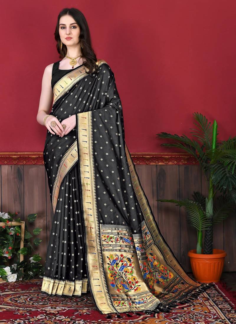Black elegant art silk woven saree with rich zari border