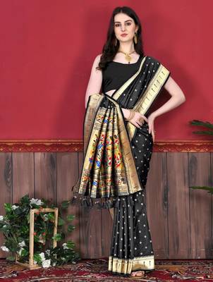 Black elegant art silk woven saree with rich zari border 2
