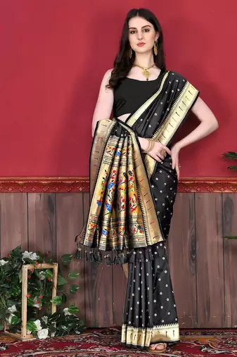Black elegant art silk woven saree with rich zari border