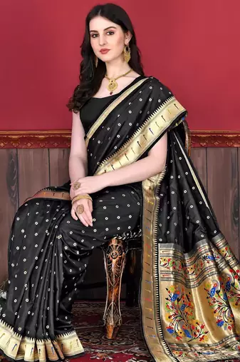 Black elegant art silk woven saree with rich zari border