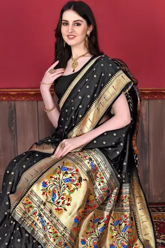 Black elegant art silk woven saree with rich zari border