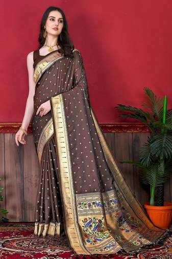 Brown elegant art silk woven saree with rich zari border