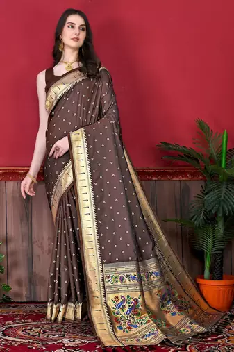 Brown elegant art silk woven saree with rich zari border
