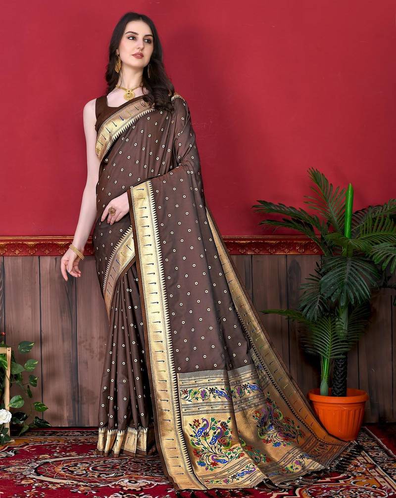 Brown elegant art silk woven saree with rich zari border