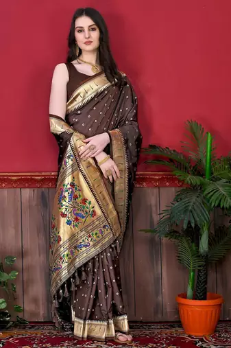 Brown elegant art silk woven saree with rich zari border