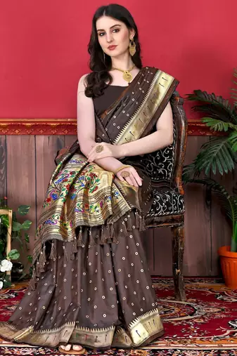 Brown elegant art silk woven saree with rich zari border