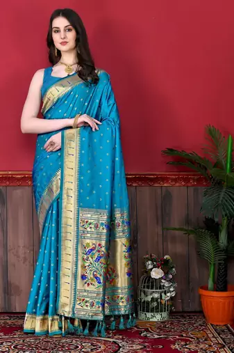 Turquoise elegant art silk woven saree with rich zari border