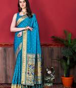 Turquoise elegant art silk woven saree with rich zari border