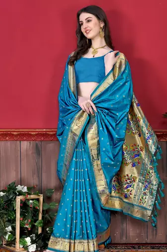 Turquoise elegant art silk woven saree with rich zari border