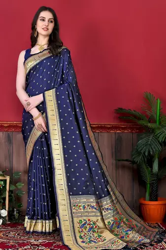Navy blue elegant art silk woven saree with rich zari border