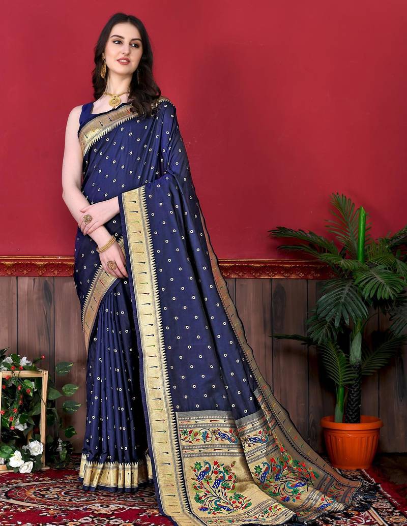 Navy blue elegant art silk woven saree with rich zari border