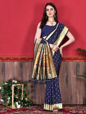 Navy blue elegant art silk woven saree with rich zari border 2