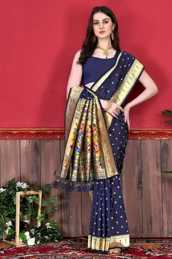 Navy blue elegant art silk woven saree with rich zari border