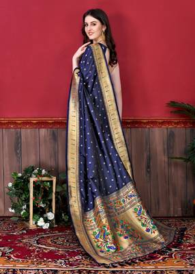 Navy blue elegant art silk woven saree with rich zari border 3