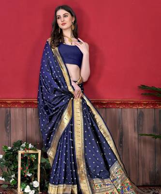 Navy blue elegant art silk woven saree with rich zari border 4
