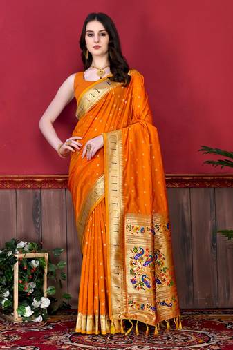 Orange elegant art silk woven saree with rich zari border