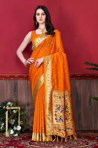 Orange elegant art silk woven saree with rich zari border